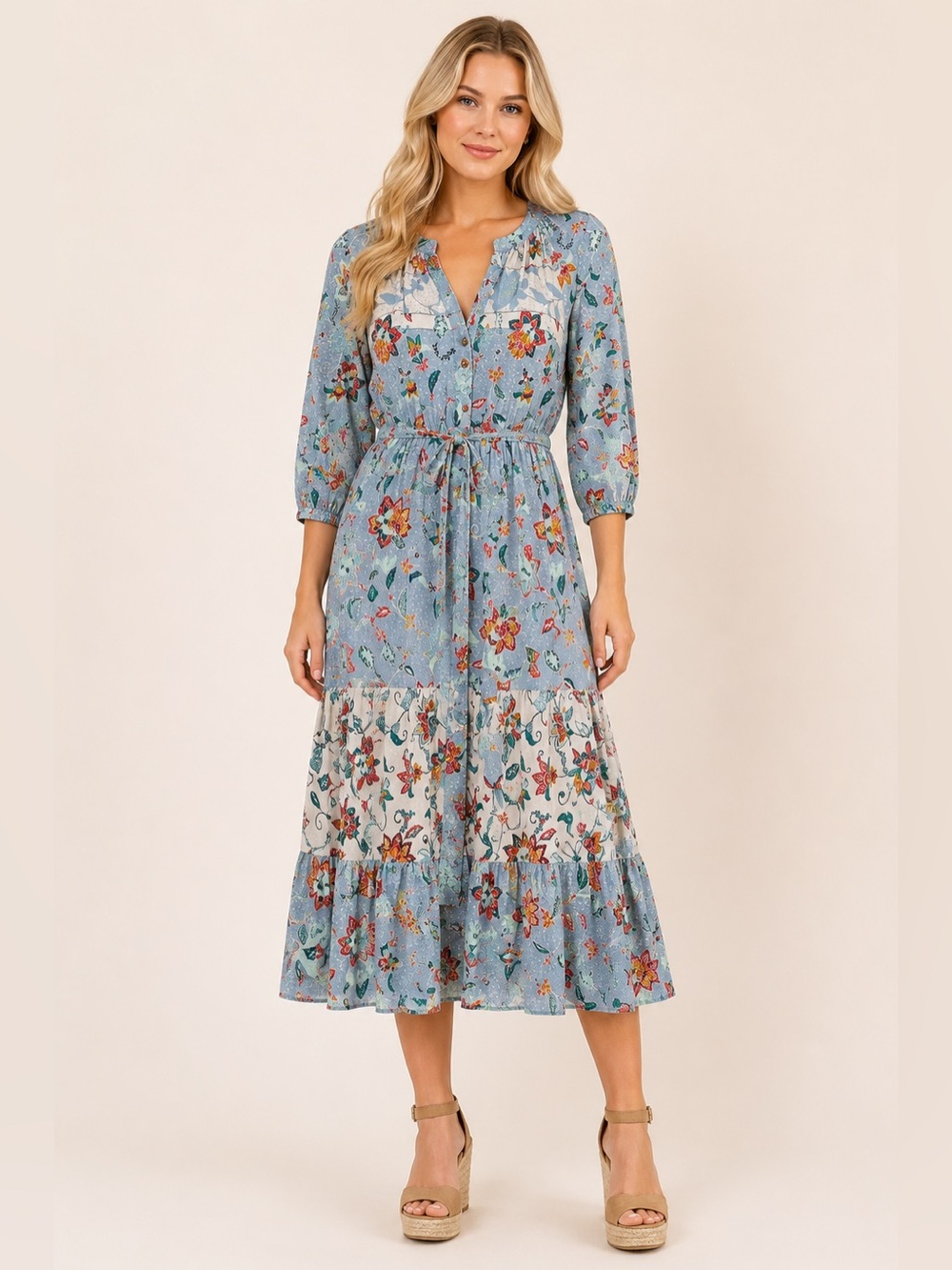 DR2 Small Blue Floral Boho Midi Dress Tie Waist 3/4 Sleeve Cottagecore